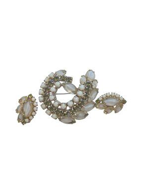 Vintage Mid-Century Rhinestone & Milk Glass Brooch & Clip-On Earrings Set